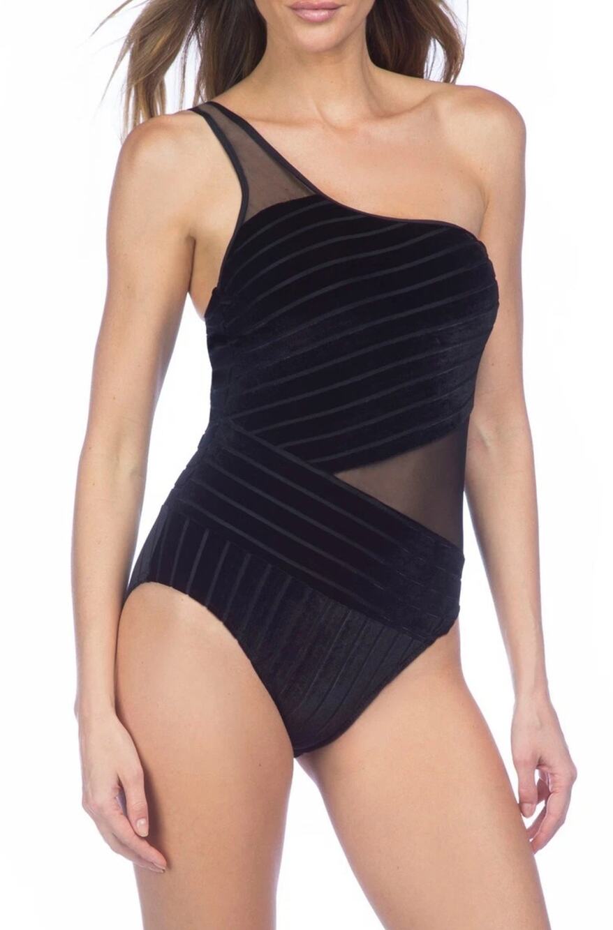 NEW Kenneth Cole New York Black Sultry Velvet One Shoulder Swimsuit Small